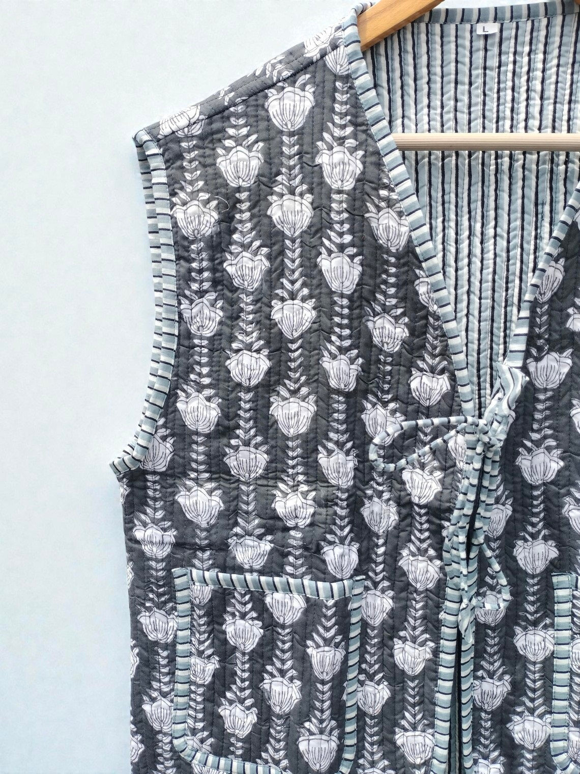 Handmade Cotton Quilted Jacket Indian Block Print Floral