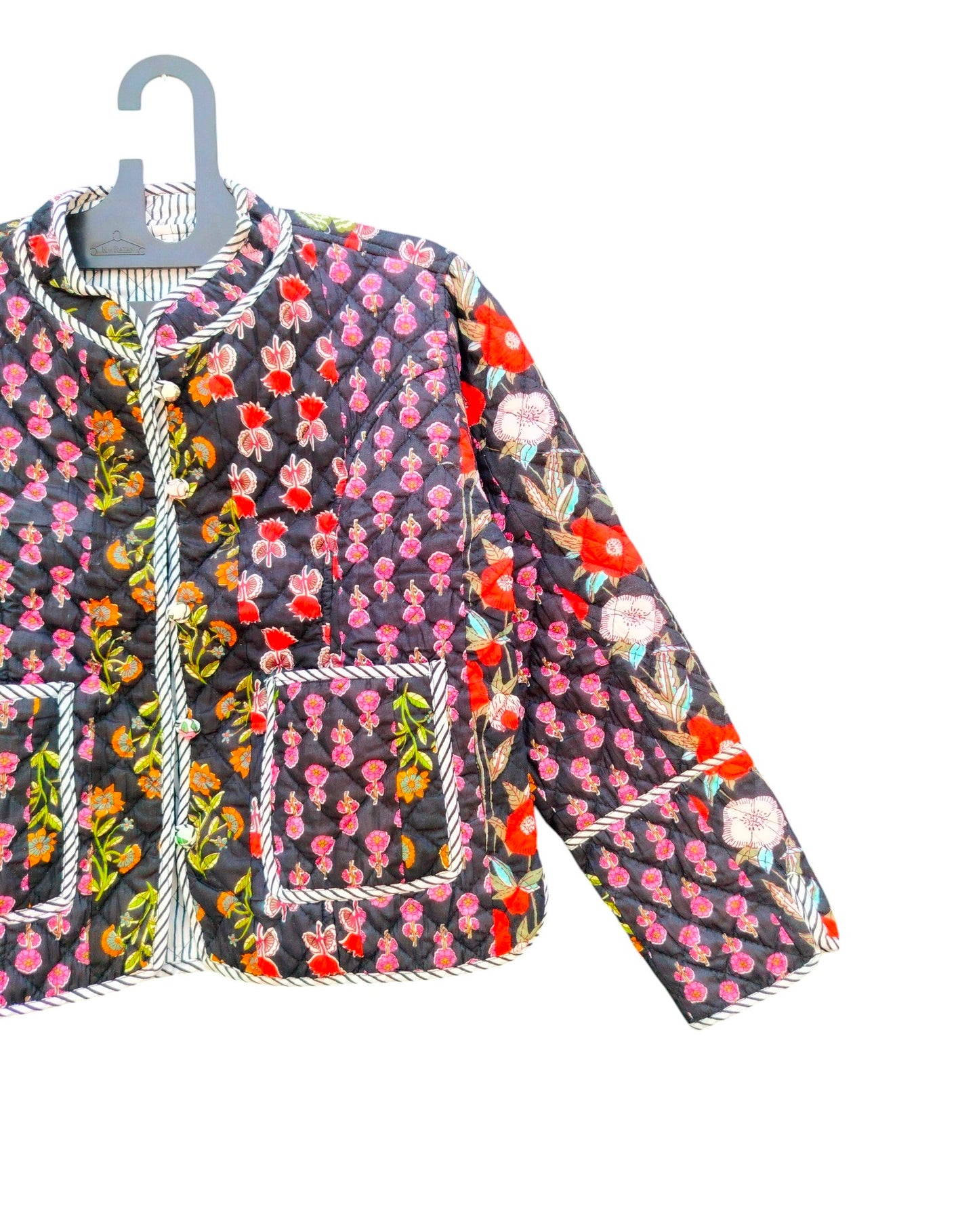 Patchwork Floral Hand Block Print Quilted Jacket β Pure Cotton Winter Wear