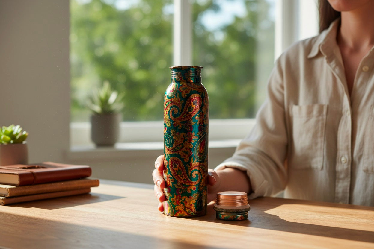 Green Printed Pure Copper Water Bottle for Drinking Water, 34 Oz