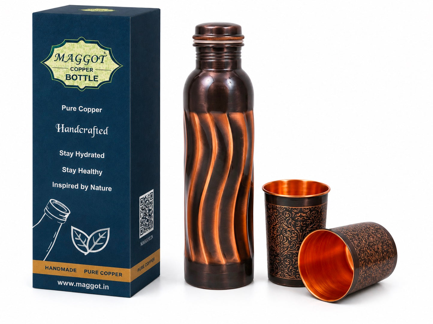Pure Copper Water Bottle With 2 Glass Tumbler Set | Leakproof Ayurvedic Drinking Bottle | BPA Free | Ideal for Home, Office & Travel