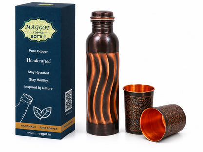Pure Copper Water Bottle With 2 Glass Tumbler Set | Leakproof Ayurvedic Drinking Bottle | BPA Free | Ideal for Home, Office & Travel