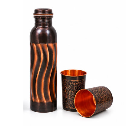 Pure Copper Water Bottle With 2 Glass Tumbler Set | Leakproof Ayurvedic Drinking Bottle | BPA Free | Ideal for Home, Office & Travel