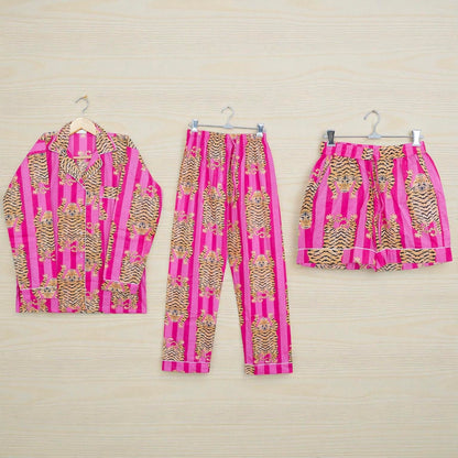 100% Cotton Hand Printed Pajama Set | Comfortable Nightwear for Women 4 Pcs Set