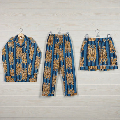 Tiger Hand Printed Cotton Pajama Set | Lightweight Sleepwear | Bohemian Style 4 Pcs Set