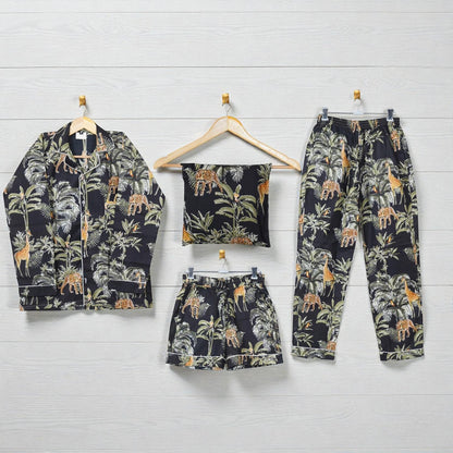 Hand Block Print Cotton Pajama Set | Women Lounge Wear | Eco Friendly Sleepwear 4 Pcs Set
