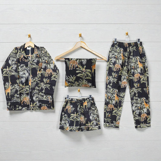 Hand Block Print Cotton Pajama Set | Women Lounge Wear | Eco Friendly Sleepwear 4 Pcs Set