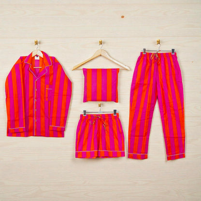 Hand Printed Cotton Sleep Set | Lightweight Pajama Set for Women | Relax Fit 4 Pcs Set