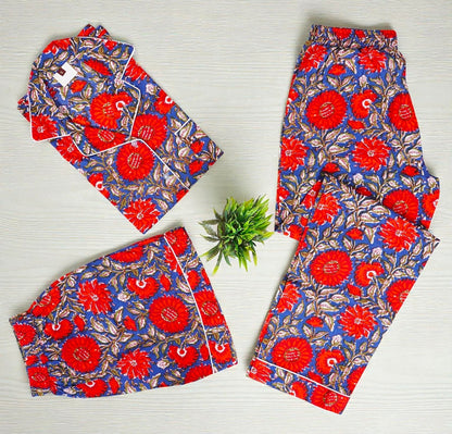 Handcrafted Cotton Pajama Set for Women | Boho Print Sleepwear | Summer Wear 4 Pcs Set