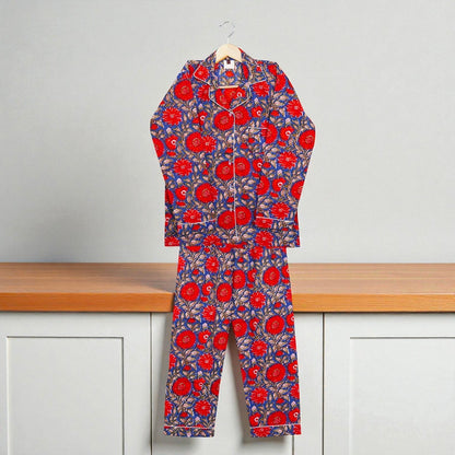 Handcrafted Cotton Pajama Set for Women | Boho Print Sleepwear | Summer Wear 4 Pcs Set