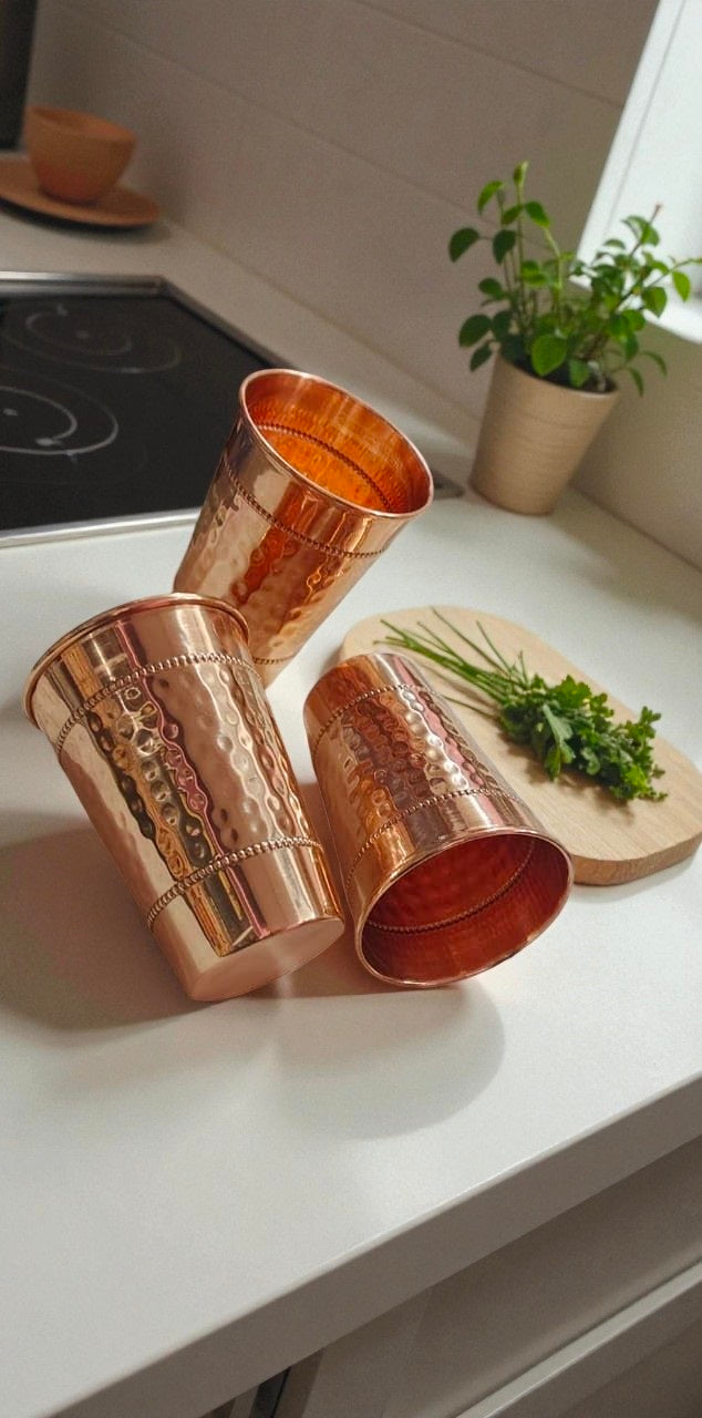 Hammered Copper Water Glass Set | Traditional Indian Drinkware Pack Of 2 Pc