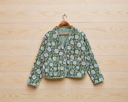 Hand Block Printed Cotton Quilted Women’s Jacket – Reversible Ethnic Winter Wear
