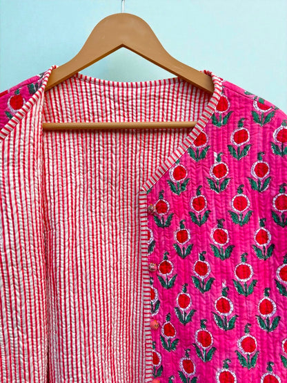 Pure Cotton Hand Block Print Quilted Jacket – Boho Style Reversible Coat