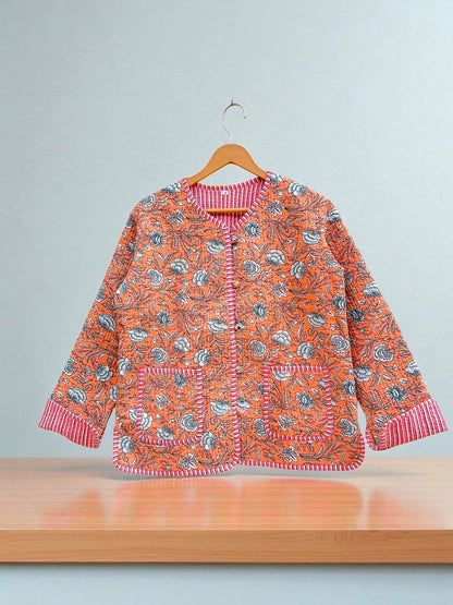 Women’s Quilted Cotton Jacket – Traditional Block Printed Reversible Design