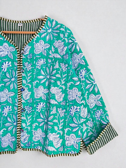 Rajasthani Hand Block Printed Cotton Quilted Jacket – Artisanal Winter Coat