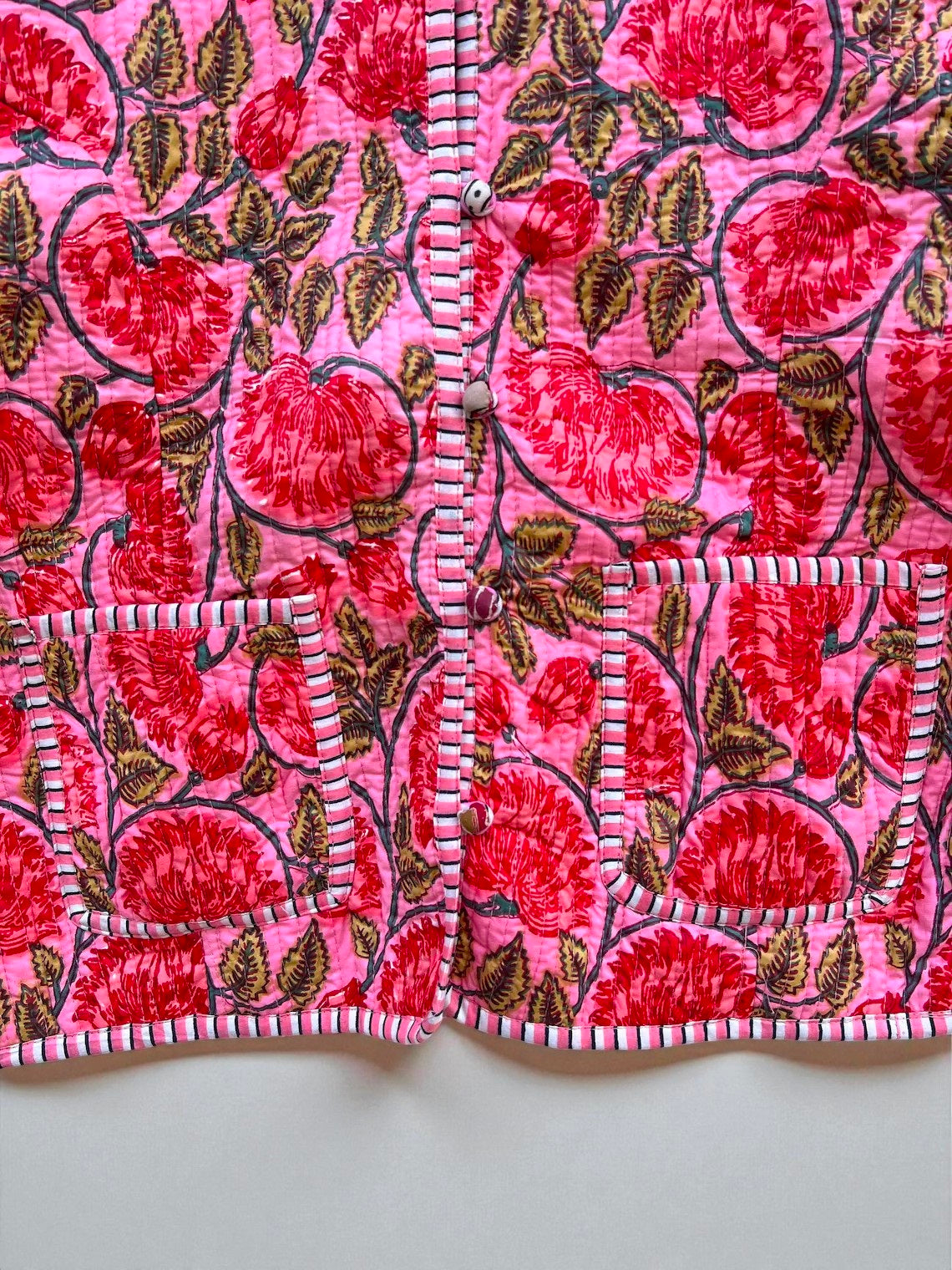 Elegant Floral Hand Block Print Quilted Jacket – Pure Cotton Winter Wear