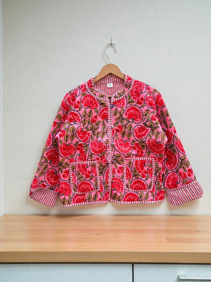 Elegant Floral Hand Block Print Quilted Jacket – Pure Cotton Winter Wear