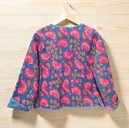 Hand Printed Cotton Quilted Women’s Jacket – Reversible Ethnic Winter Wear