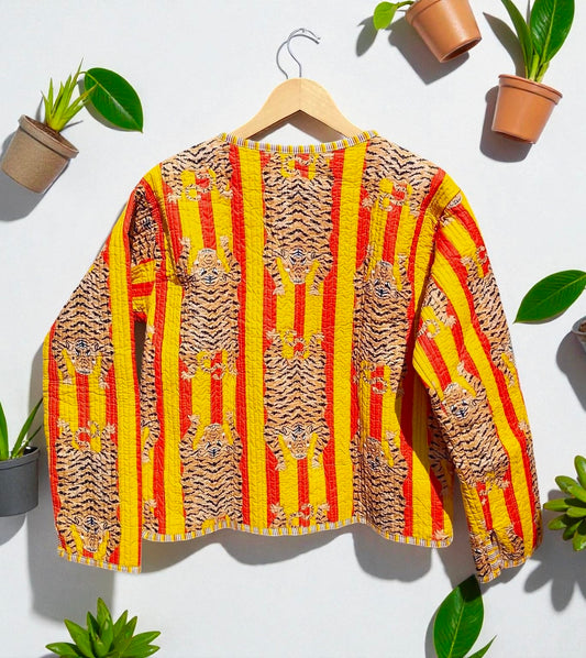 Tiger Hand Block Printed Cotton Quilted Women’s Jacket – Reversible Ethnic Winter Wear