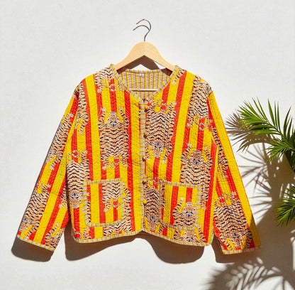 Tiger Hand Block Printed Cotton Quilted Women’s Jacket – Reversible Ethnic Winter Wear