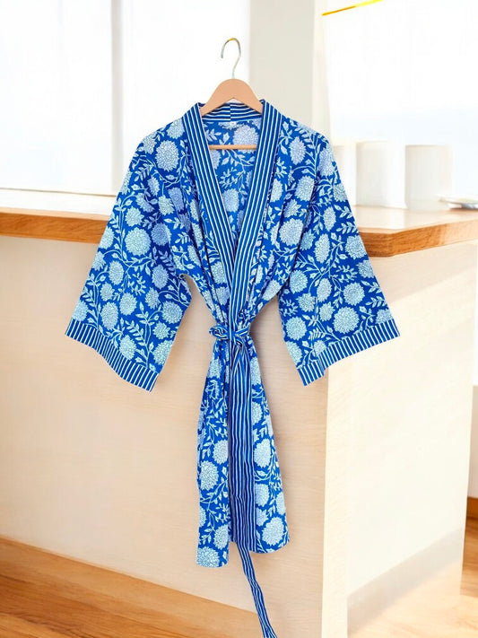Women’s Cotton Block Printed Kimono Robe | Handmade Indian Block Print | Boho Lightweight Robe