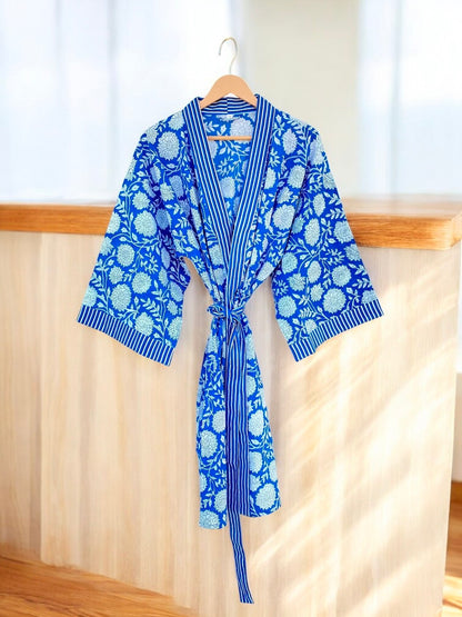 Women’s Cotton Block Printed Kimono Robe | Handmade Indian Block Print | Boho Lightweight Robe