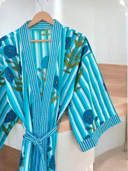 Cotton Block Printed Kimono Robe for Women | Handmade Boho Indian Print | Summer Lounge Wear