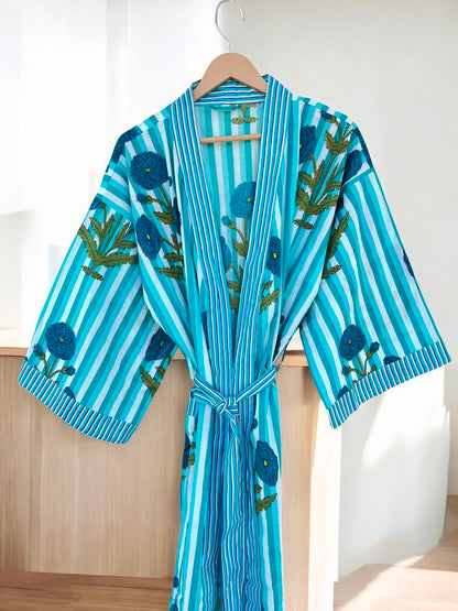 Cotton Block Printed Kimono Robe for Women | Handmade Boho Indian Print | Summer Lounge Wear