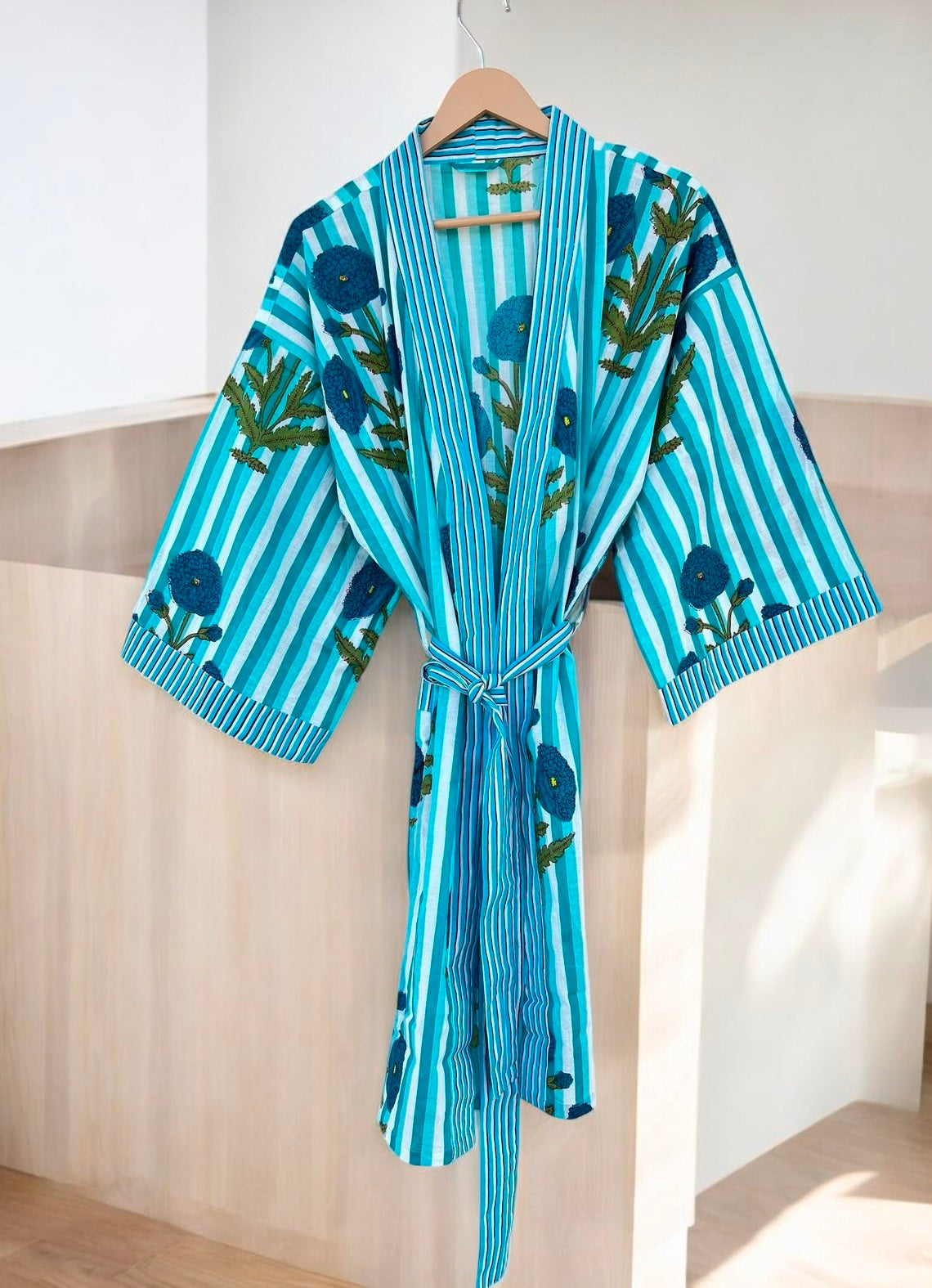 Cotton Block Printed Kimono Robe for Women | Handmade Boho Indian Print | Summer Lounge Wear