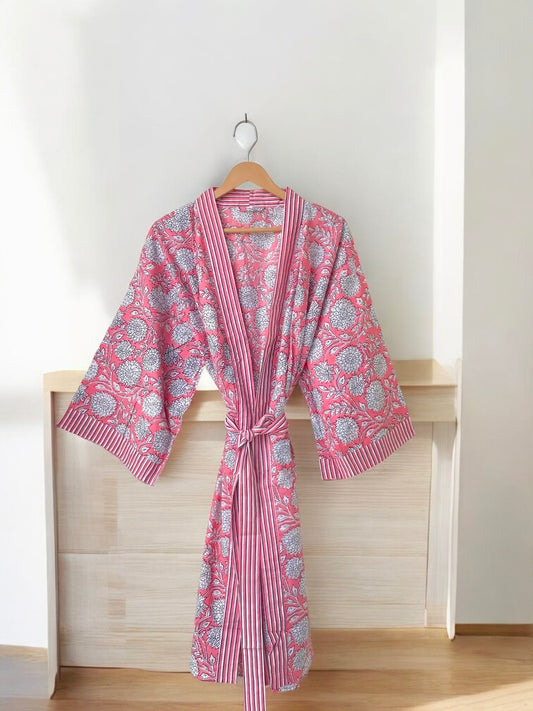Boho Cotton Block Printed Kimono Robe | Women’s Handmade Indian Print Kimono