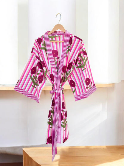 Women’s Cotton Block Print Kimono Robe | Lightweight Summer Kimono | Boho Lounge Wear