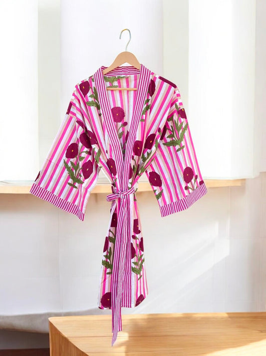 Women’s Cotton Block Print Kimono Robe | Lightweight Summer Kimono | Boho Lounge Wear