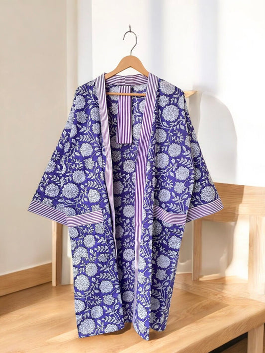 Handmade Women’s Boho Cotton Block Printed Kimono | Lightweight Lounge & Beach Robe