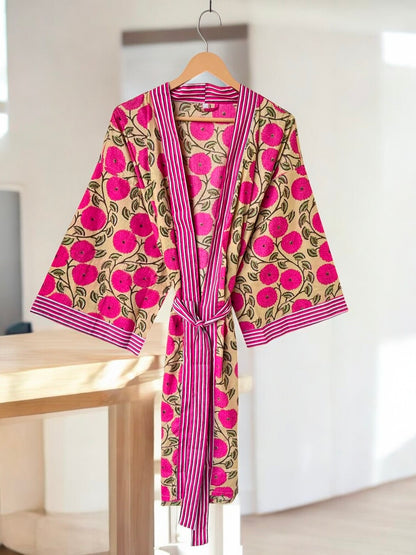 Cotton Block Printed Kimono Robe Women | Handmade Indian Print | Soft Summer Kimono