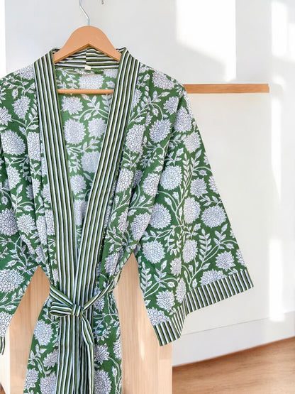 Women’s Cotton Block Print Kimono Robe | Artisan Handmade Boho Kimono