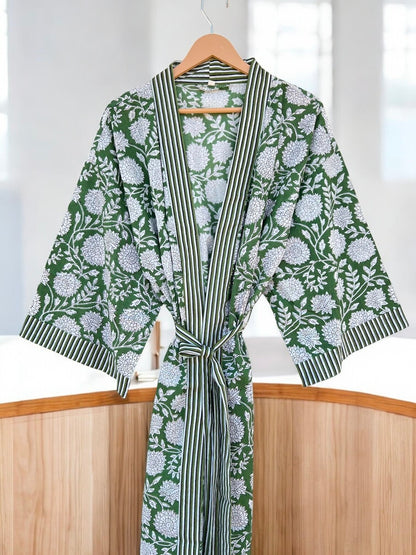Women’s Cotton Block Print Kimono Robe | Artisan Handmade Boho Kimono