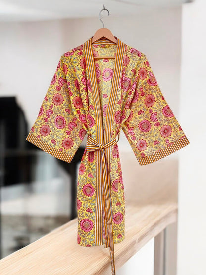 Women’s Indian Block Print Cotton Kimono Robe | Handmade Boho Lounge Robe
