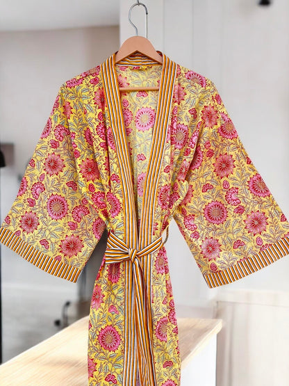 Women’s Indian Block Print Cotton Kimono Robe | Handmade Boho Lounge Robe
