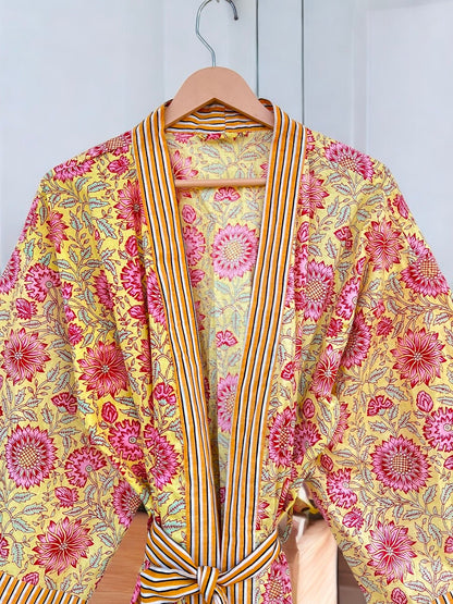 Women’s Indian Block Print Cotton Kimono Robe | Handmade Boho Lounge Robe