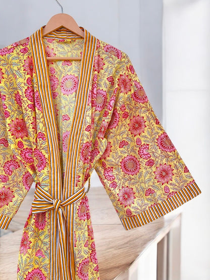 Women’s Indian Block Print Cotton Kimono Robe | Handmade Boho Lounge Robe