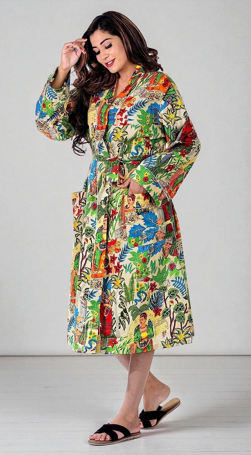 Cotton Block Printed Kimono Robe | Womens Handmade Indian Boho Kimono