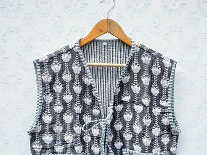Handmade Cotton Quilted Jacket Indian Block Print Floral