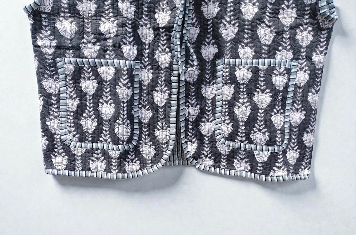Handmade Cotton Quilted Jacket Indian Block Print Floral