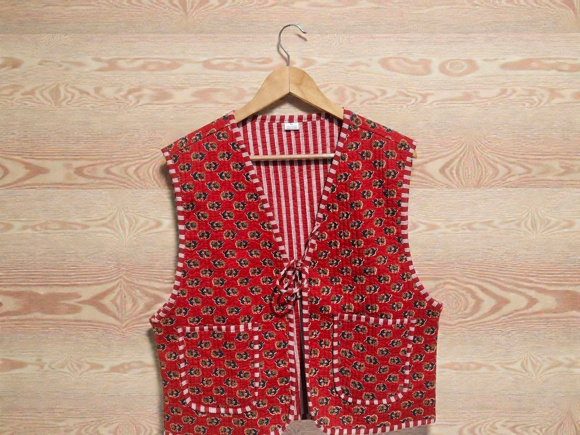 Handmade Cotton Quilted Jacket Indian Block Print Floral Boho