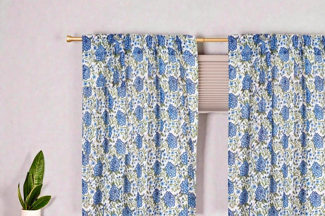 Set of 2 Cotton Block Printed Curtain Panels – Rustic Home Décor