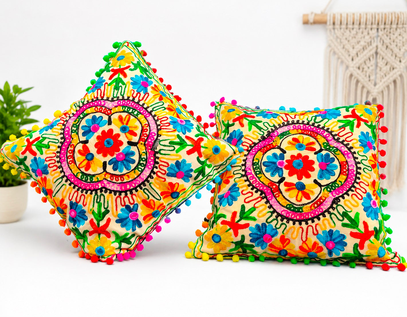 Embroidered Handmade Cotton Cushion Cover 16" X 16" Inch Pillow Cover Pack Of 2