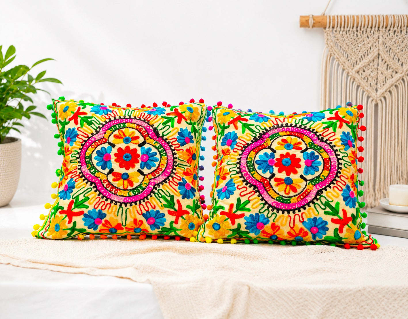 Embroidered Handmade Cotton Cushion Cover 16" X 16" Inch Pillow Cover Pack Of 2