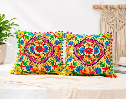 Embroidered Handmade Cotton Cushion Cover 16" X 16" Inch Pillow Cover Pack Of 2