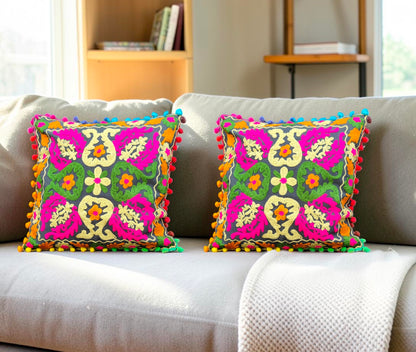 Embroidered Handmade Cotton Cushion Cover 16" X 16" Inch Pack Of 2