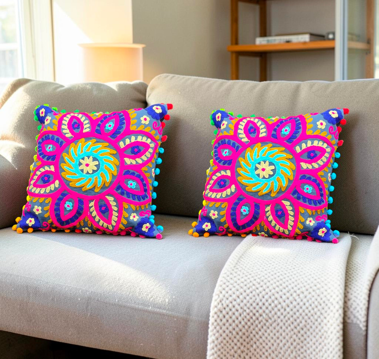 Indian Handmade Cushion Cover Cotton Sofa Decorative Cushion Pillow Cover Cushion Case 16" X 16" Inch Pack Of 2