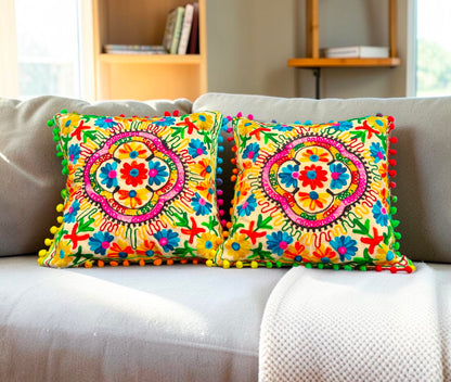 Embroidered Handmade Cotton Cushion Cover 16" X 16" Inch Pillow Cover Pack Of 2